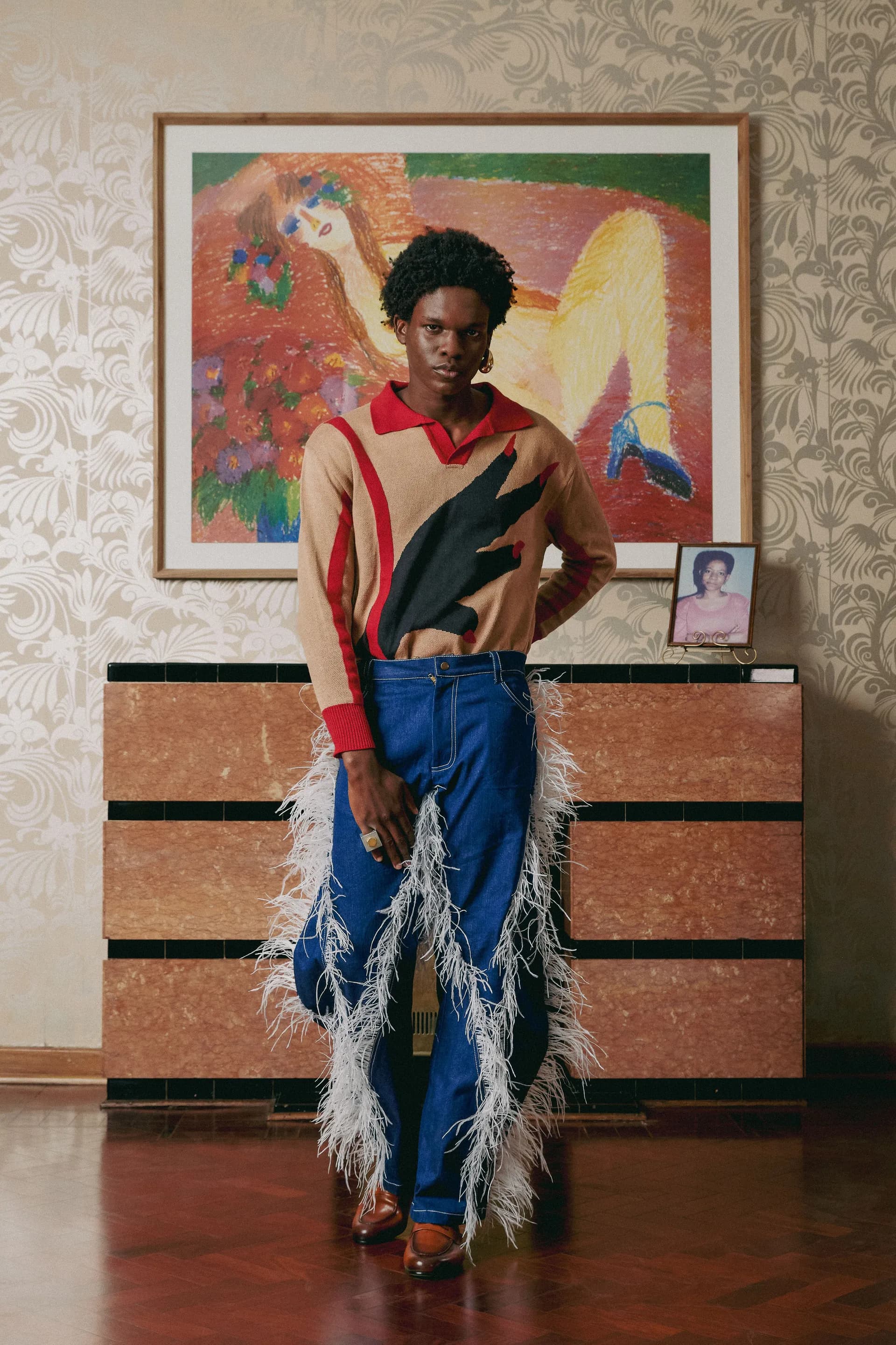 Zodwa — Look 11 (Inqina Knitted Jersey and Ostrich Feather Paneled Denim Pants)
